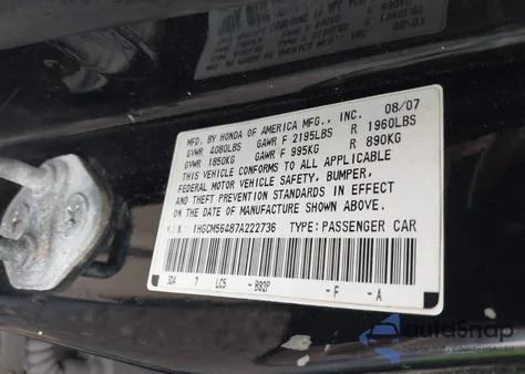 2007 Honda Accord 2.4 Lx from USA, damaged, VIN 1HGCM56487A222736